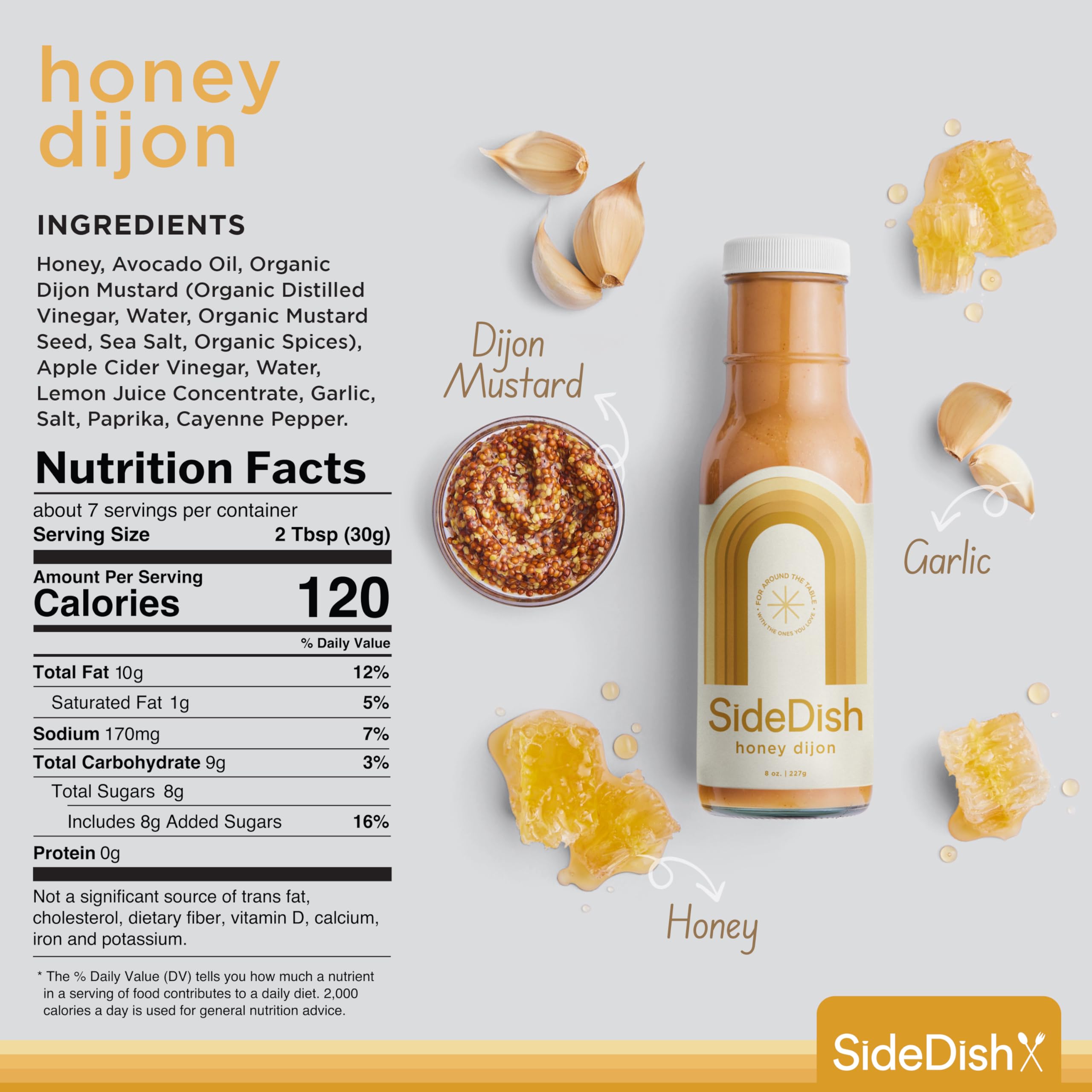 SideDish Honey Dijon Dressing (Pack of 3) – Seed Oil Free Made w/Avocado Oil – Refined Sugar Free, Dairy & Gluten Free Dip & Marinade – Paleo Honey Mustard Dressing for Dips, Sauces