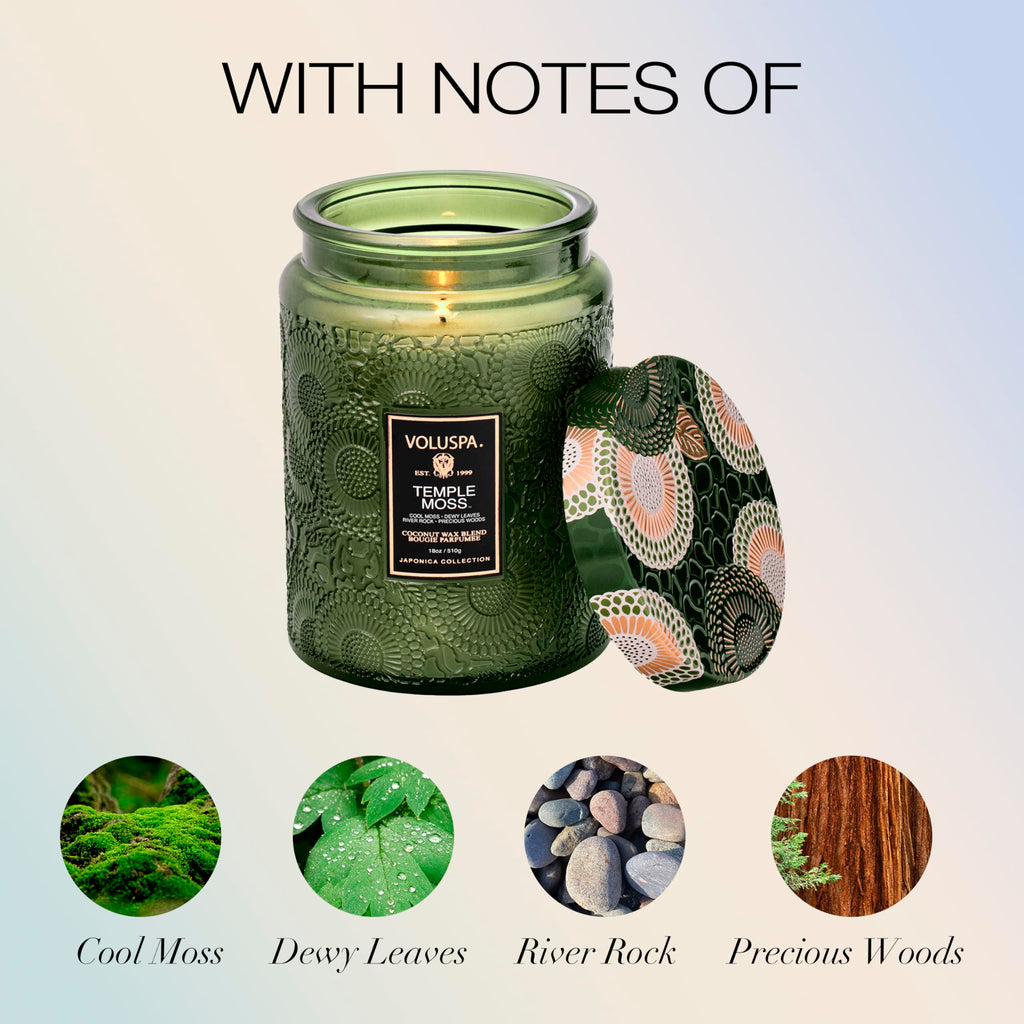 Voluspa Temple Moss, Large Candle Jar, 18oz, Coconut Wax Blend, Scented Candles for Home, 100 Hour Burn Time, Handcrafted in the USA