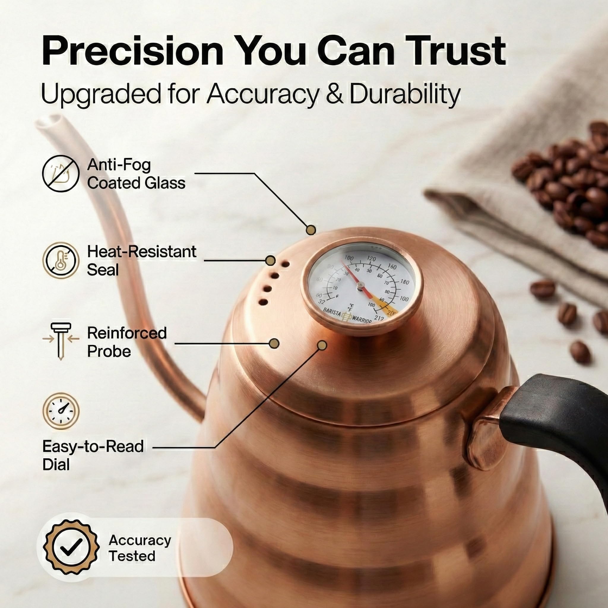 Barista Warrior Gooseneck Kettle with Thermometer - 1.2L Pour Over Coffee & Tea Kettle, Copper Coated Stainless Steel Gooseneck Kettle Pot, Precision Pour Drip Spout, Suitable for All-Stoves (40 floz)