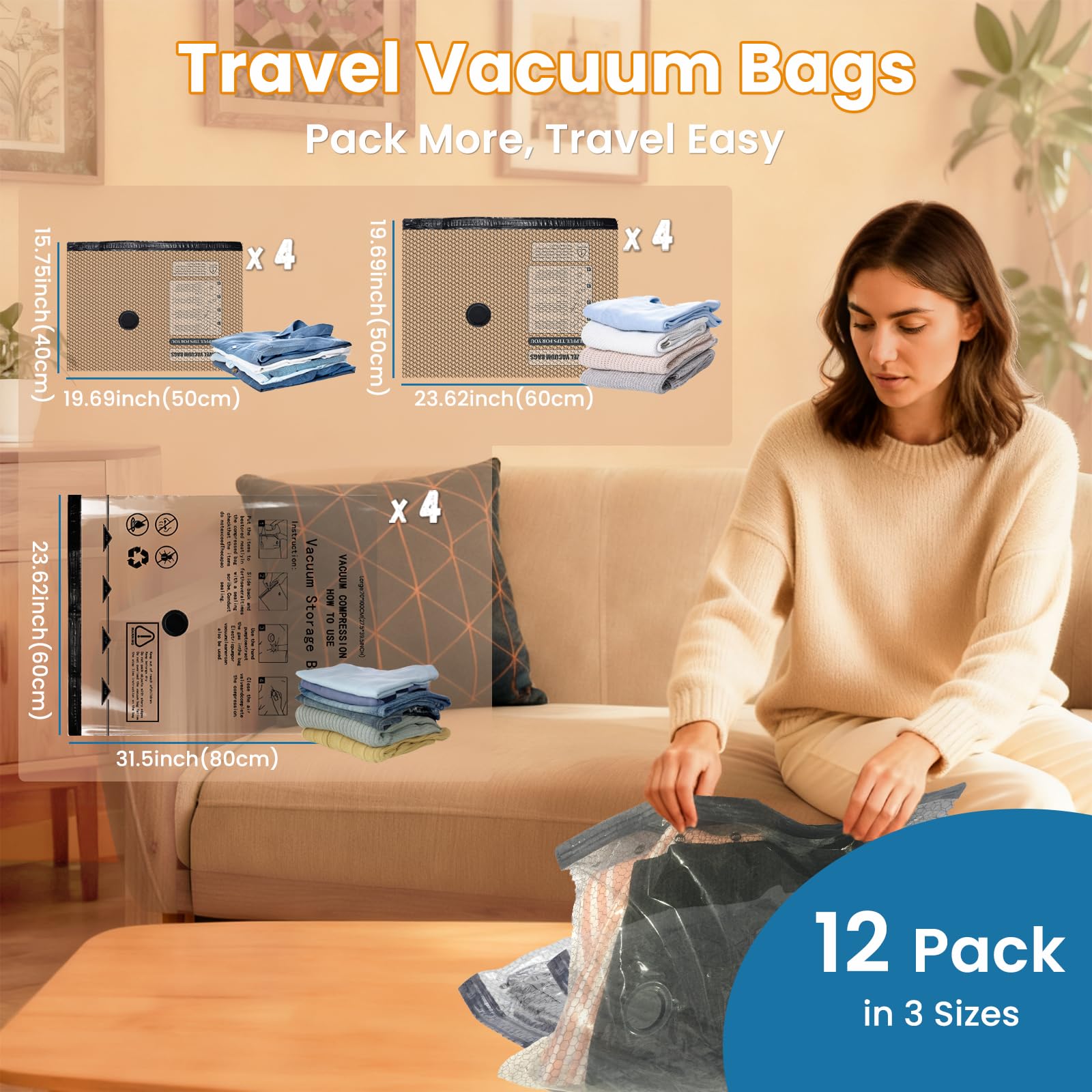 Vacuum Bags for Travel with Rechargeable Electric Pump, 12 PCS (4S,4M,4L) Storage Bags Vacuum Sealed, Space Saver Bags Carry-on Size Compression Packing Bags for Luggage and Suitcase