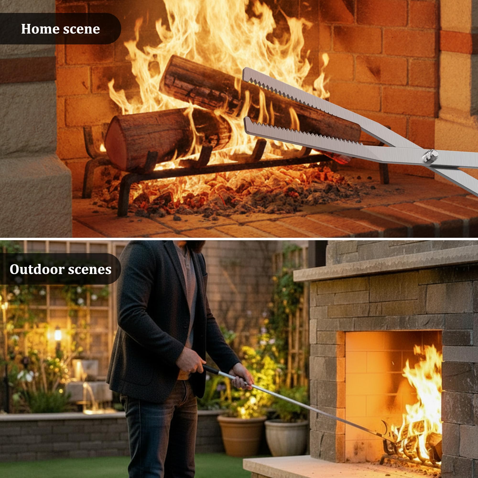 MOOFI Heavy Duty Fire Tong & Poker Set, Firewood Grabber 27.7" Long-Handle Carbon Steel Log with Serrated Grip Tong, Tools Sets For Fire Pit, Fireplace, Wood Stoves, Campfires, Bonfires & BBQ Grills