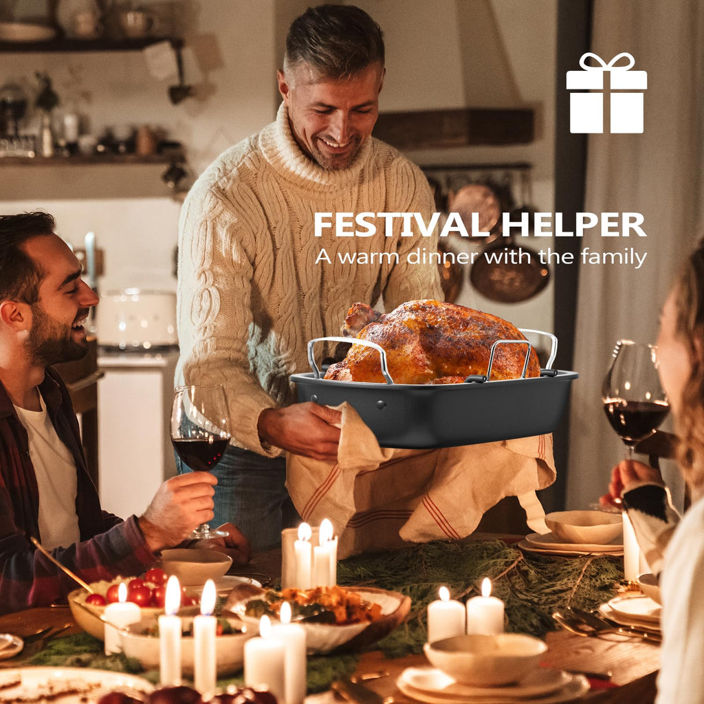 Turkey Roasting Pan, 17x13 Inch Roaster Pan for Turkey, Black&Silver