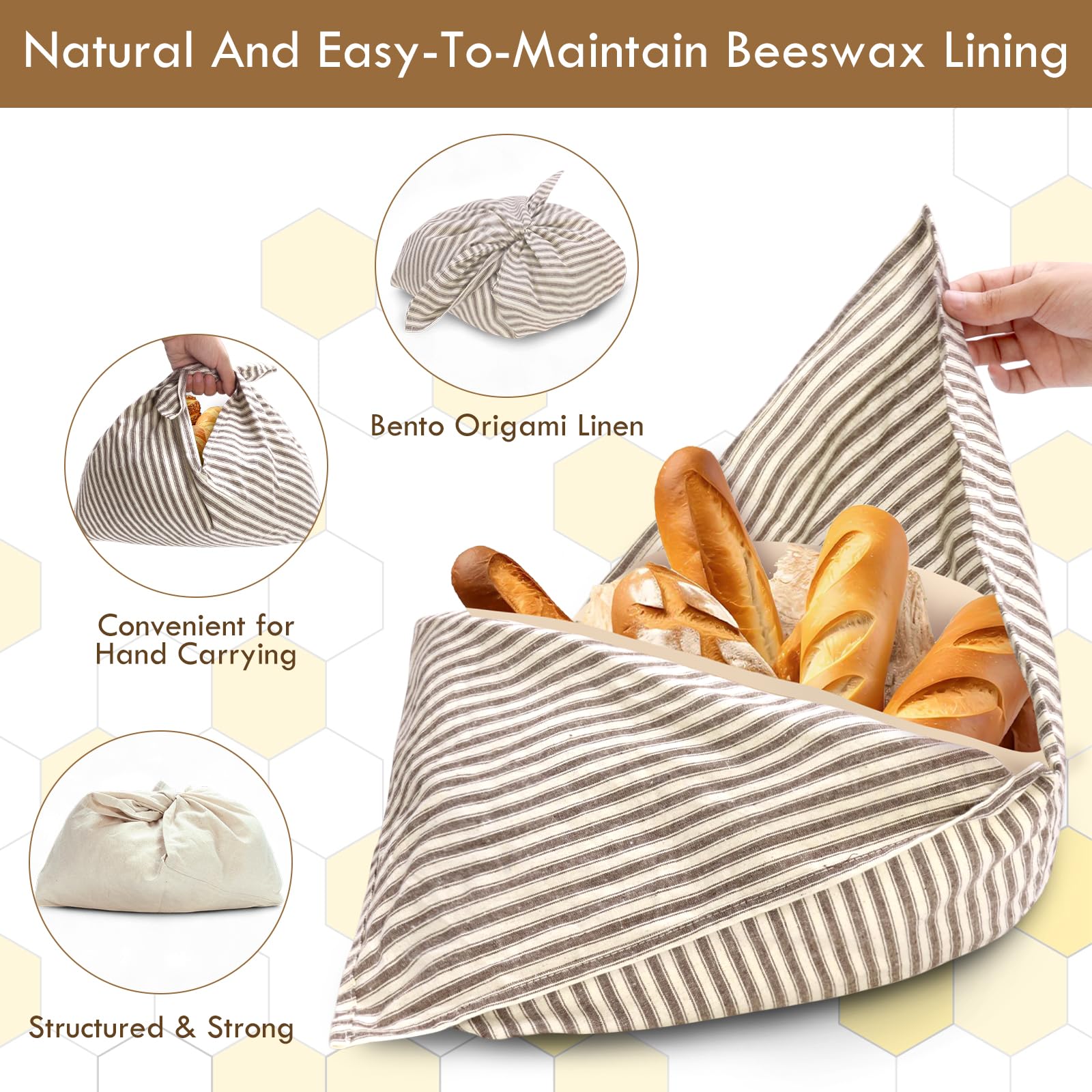 yeload 2 Pack Beeswax Bread Bags, Striped Linen Bento Bags, 14" Cotton Loaf Bag, Reusable Organic Food Storage, Sourdough Bag, Rustic Farmhouse Azuma Bukuro Origami Wrap for Baked Gifts (Black, 2)