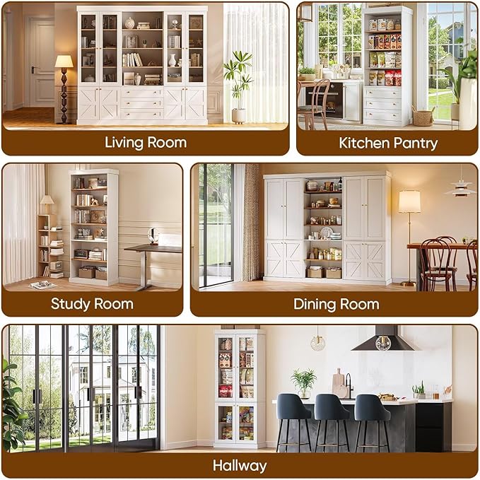 70.8" Tall Farmhouse Kitchen Pantry Cabinet with Doors, Modular Storage Cabinet with 4-Tier Adjustable Shelves, White, Wooden Hutch for Kitchen, Living Room, Set of 4