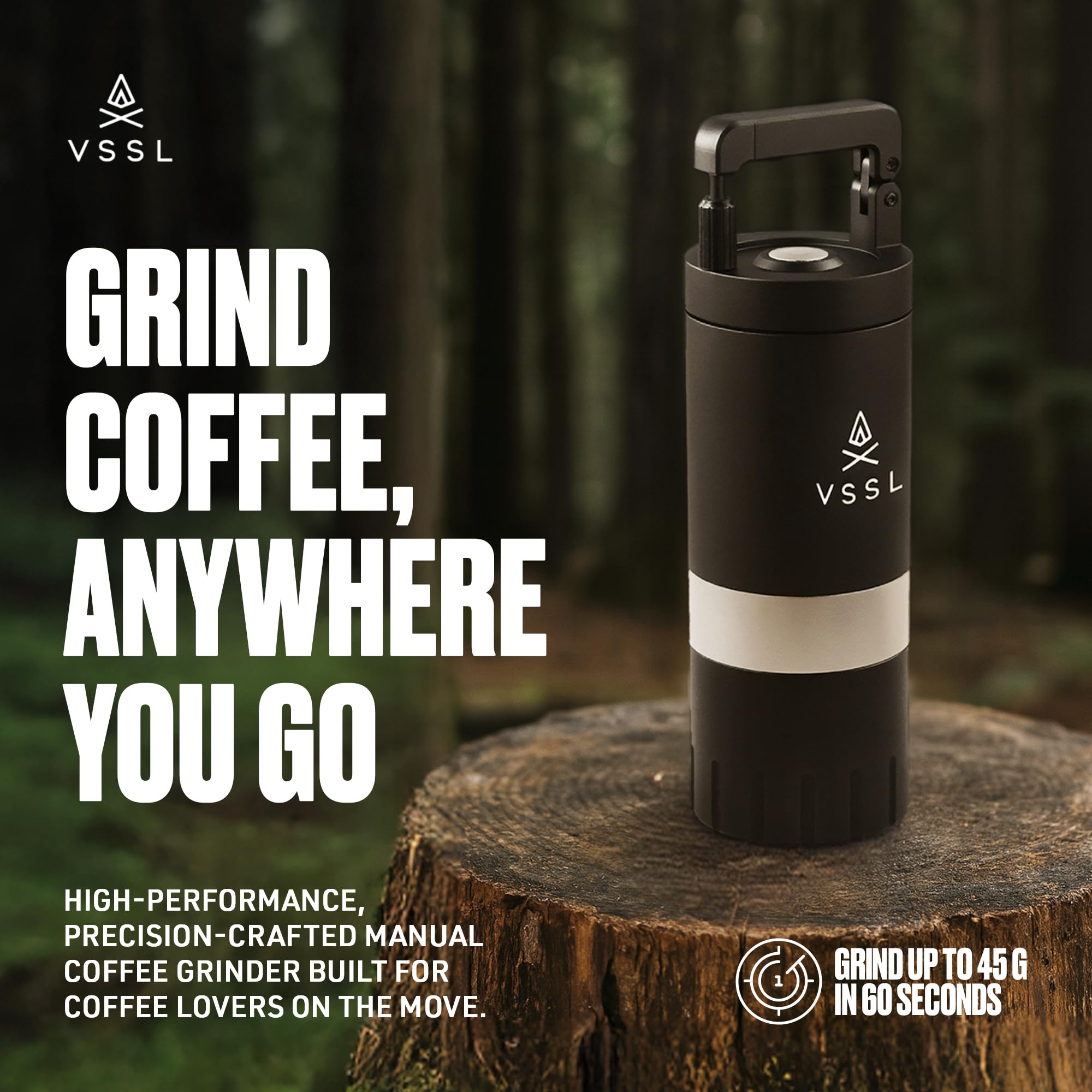 VSSL Java G45 Premium Manual Coffee Grinder | Portable Coffee Grinder for Camping or Hiking | Straight Handle French Press, Drip, Espresso with Stainless Steel Conical Burr Mill | 20 gram capacity