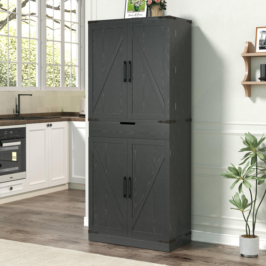 GRUSIGN 72" Tall Storage Cabinet, Kitchen Pantry Cabinet with Adjustable Shelves & Sturdy Steel Frame, Farmhouse Pantry Storage with 4 Barn Doors for Kitchen, Dining Room, and Living Room, Black