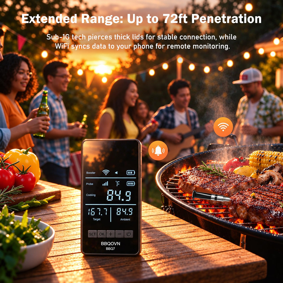 BBQOVN Smart WiFi Wireless Meat Thermometer, Sub-1G Long Range 1000FT, 7 NIST Certified Sensors in 1 Thinner Probe ±0.5℉ Accuracy, Standalone Base with App