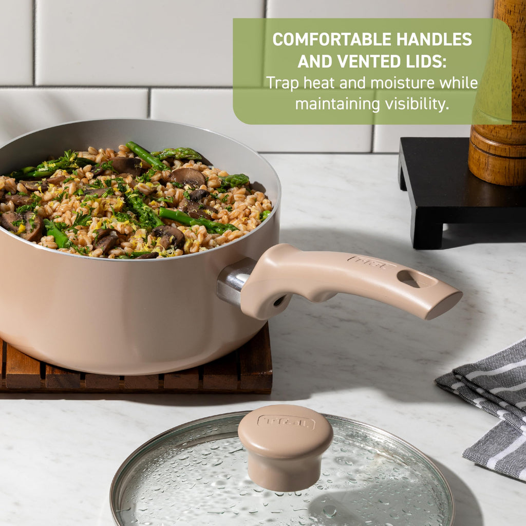 T-fal Refresh Ceramic Nonstick Saute Pan with Lid 5 Qt, Oven Safe up to 350°F Cookware, Stay-Cool Handle, Skillet Pots and Pans, Dusty Rose