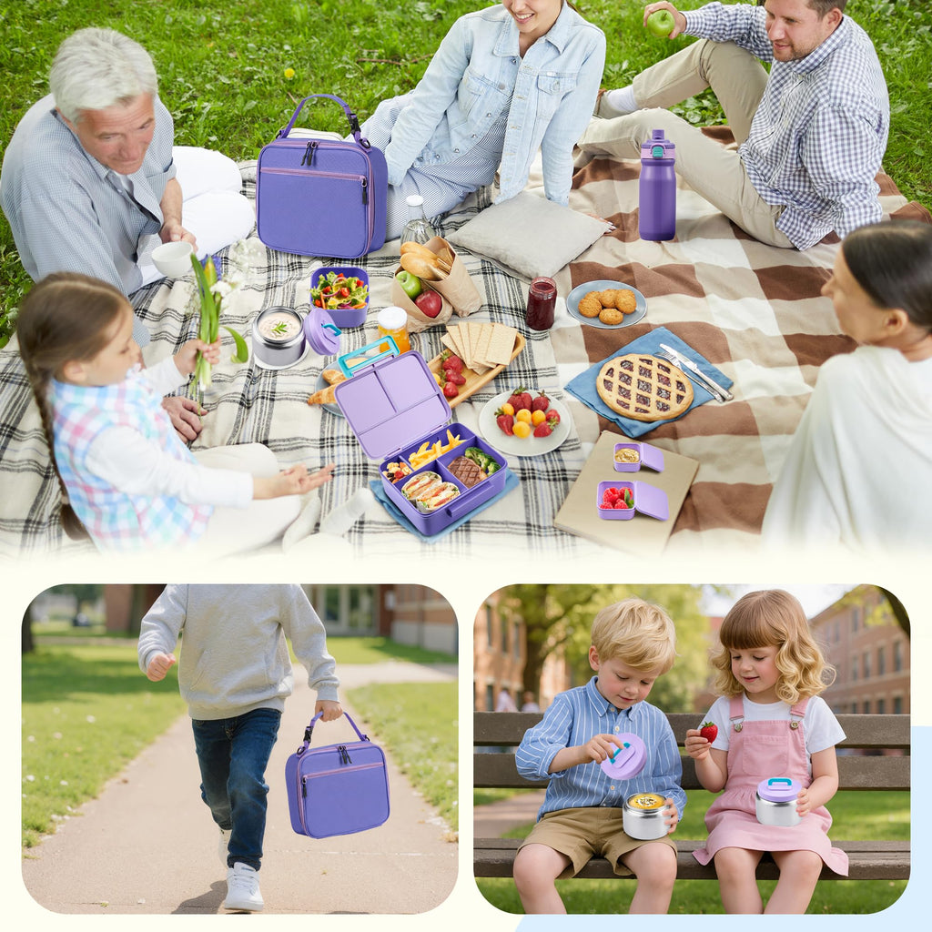 MAISON HUIS Bento Box for Kids with 8oz Soup Thermo, Leak-proof Lunch Food Containers with 5 Compartment, Insulated Lunch Bag & 17oz Stainless Steel Water Bottle for School, Trvael