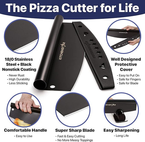 12-Inch Pizza Cutter Rocker Blade, 304 Stainless Steel Slicer Knife, Black