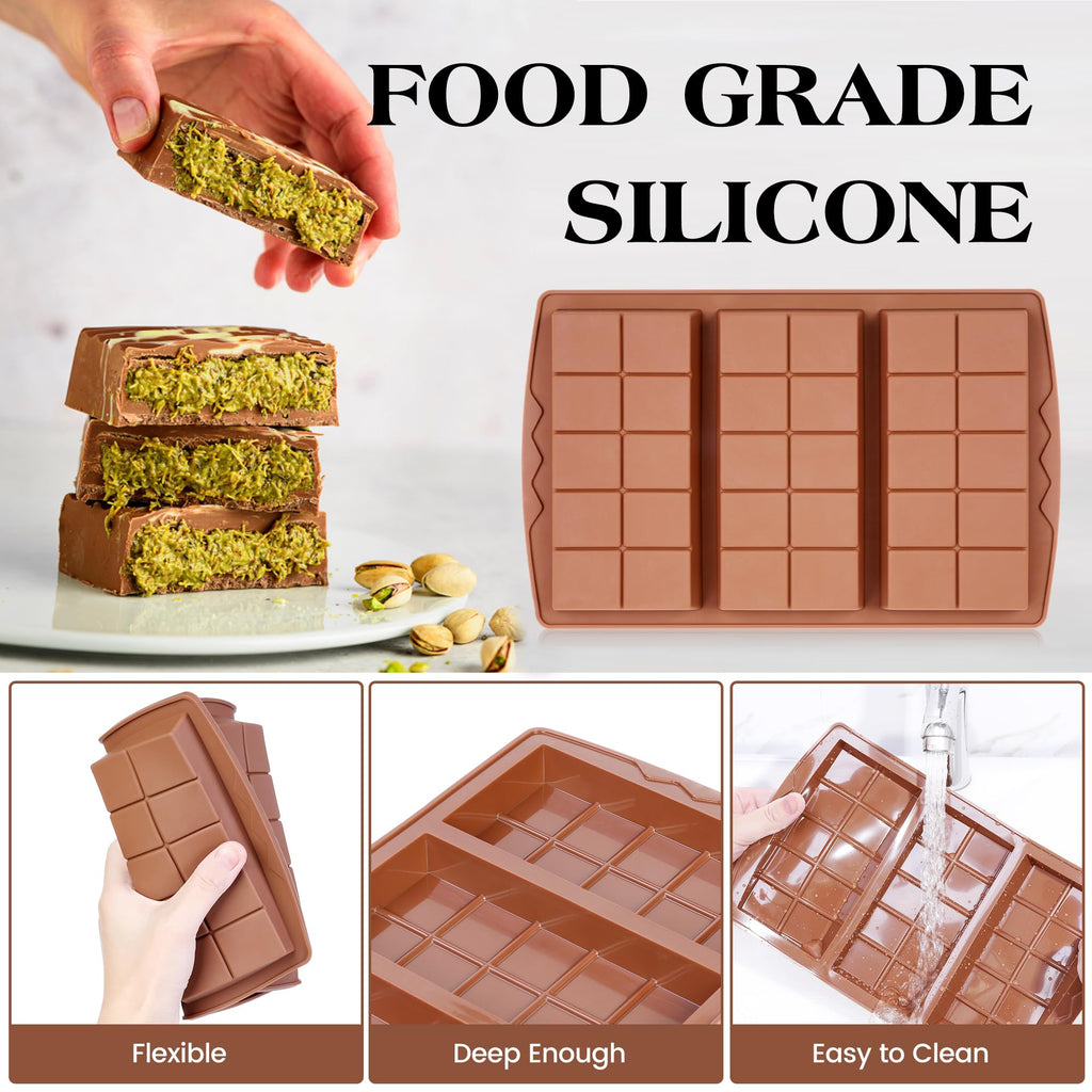KASHME 4 Pcs Chocolate Bar Mold Deep Dubai 0.85 Inch Stuffed Chocolate Molds Silicone Large Break Apart Silicone Molds (10 Snap + Pyramid)