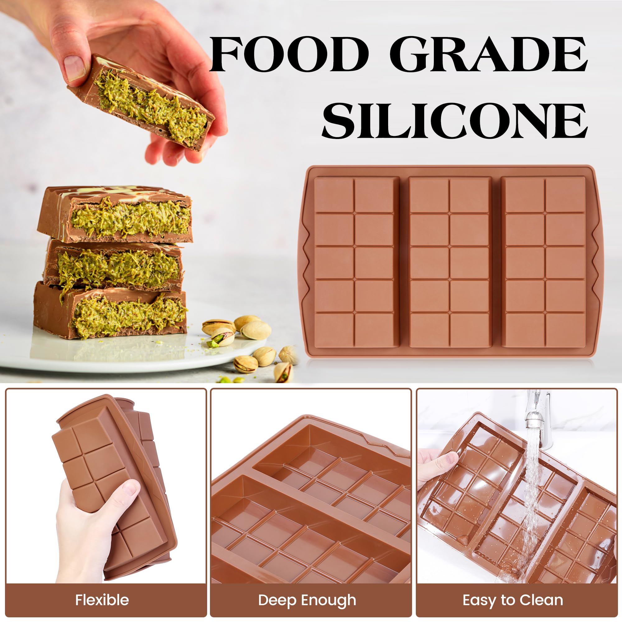 KASHME 4 Pcs Chocolate Bar Mold Deep Dubai 0.85 Inch Stuffed Chocolate Molds Silicone Large Break Apart Silicone Molds (10 Snap + Pyramid)