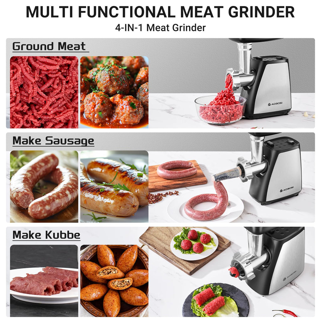 AAOBOSI Meat Grinder Electric, [2800W Max] Meat Grinder, Cheese Grater, Sausage Maker & Kibbe Kit for Home Use