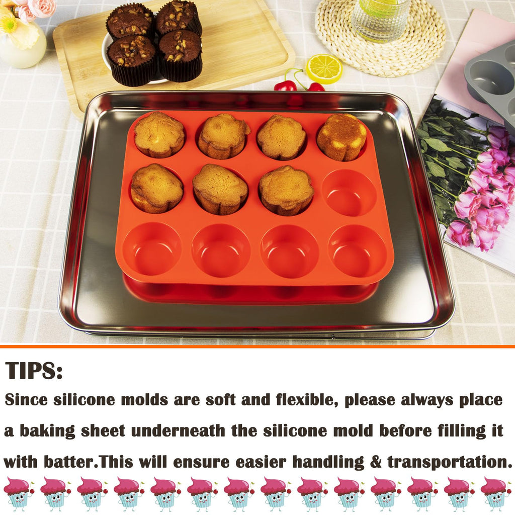 LERIYUFS 12 Cups Silicone Mini Muffin Pan Set, Nonstick Mini Cupcake Pans, BPA Free Small Muffin Tin for Baking, Set of 2 (Red+Red)