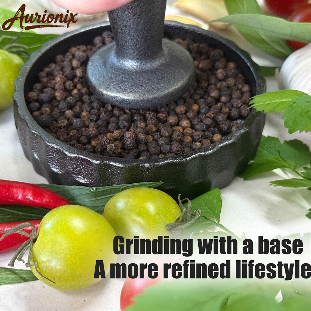 Aurionix Cast Iron Mortar and Pestle Set with Grater Plate, Brush and Spoon