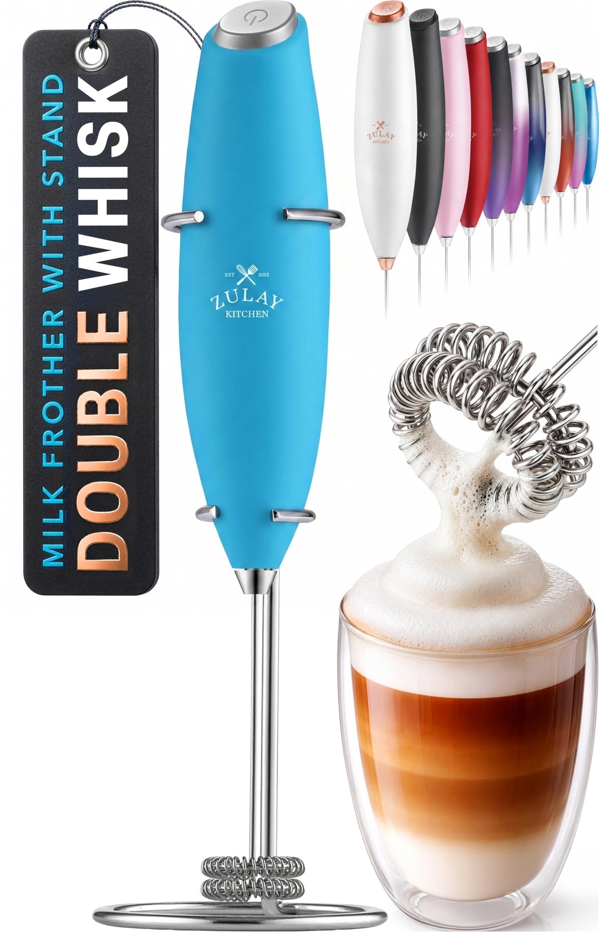 Zulay Powerful Milk Frother for Coffee with Upgraded Titanium Motor - Handheld Electric Whisk, Milk Foamer, Mini Mixer & Coffee Blender for Frappe, Latte, Matcha, No Stand - Pristine Teal