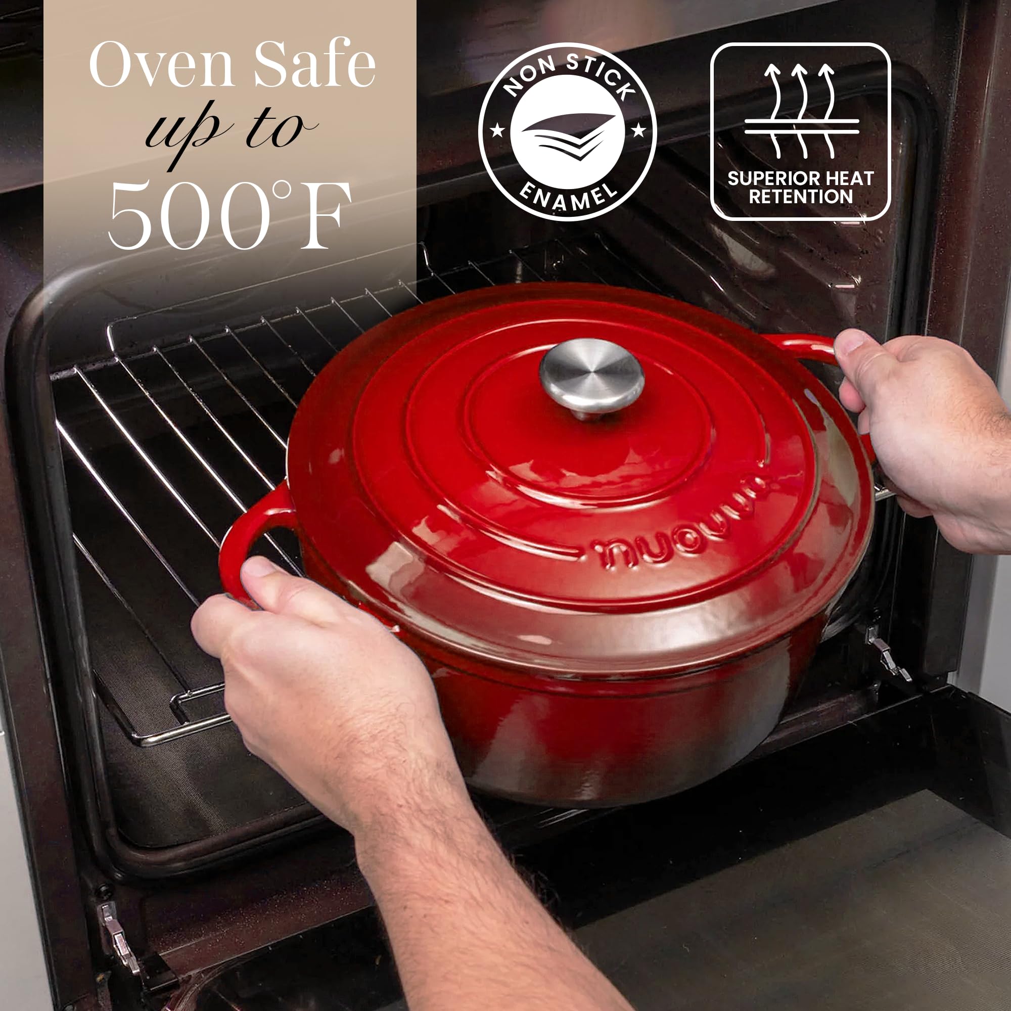 Cast Iron Pot with Lid - Non-Stick Ovenproof Enamelled Casserole Pot, Oven Safe up to 500° F-Sturdy Dutch Oven Cookware-Red, 5-Quart, 24cm-by Nuovva