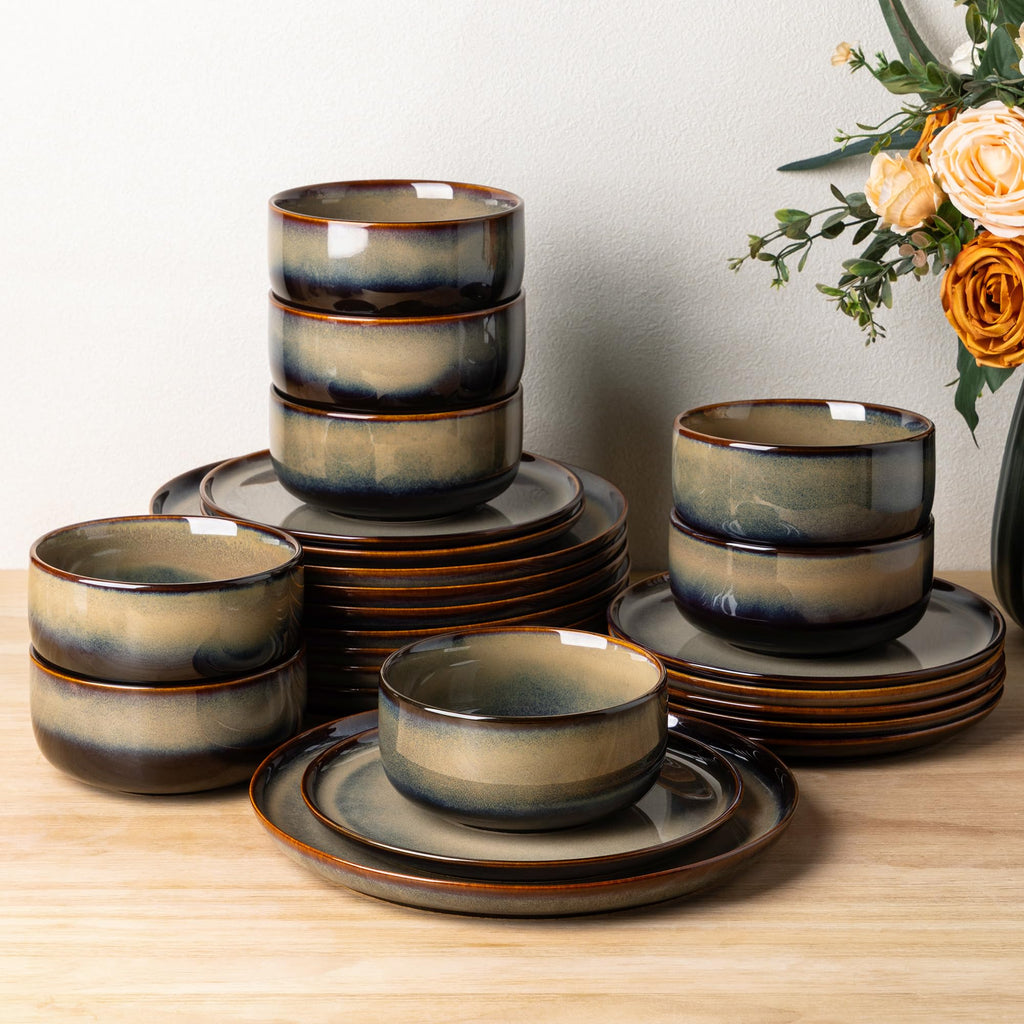 TheTerra Ceramic Dinnerware Set for 8, 24-Piece Plates and Bowls Set