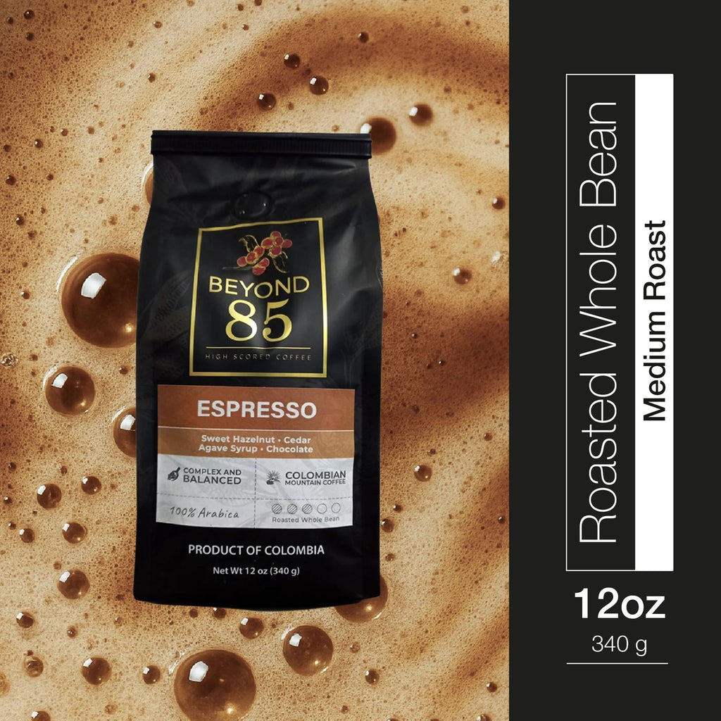 BEYOND 85 COFFEE, Espresso, Premium Colombian Coffee, Medium Roast, Fruity, Nutty & Chocolatey Notes, Whole Bean, 12 OZ