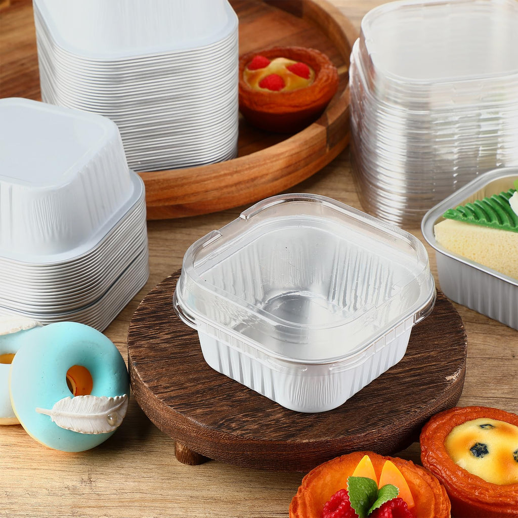 Aoriher 150 Pcs 10 oz Mini Cake Pans with Lids Aluminum Foil Baking Cup Disposable Square 4 x 4 Large Baking Tin, Muffin Pan Cheesecake Kitchen Brownie Pudding Desserts Holder(White)
