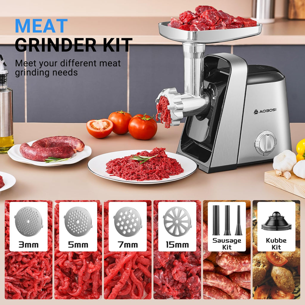 AAOBOSI 6-in-1 Meat Grinder, 3000W, 2 Speeds + Reverse, for Daily Prep