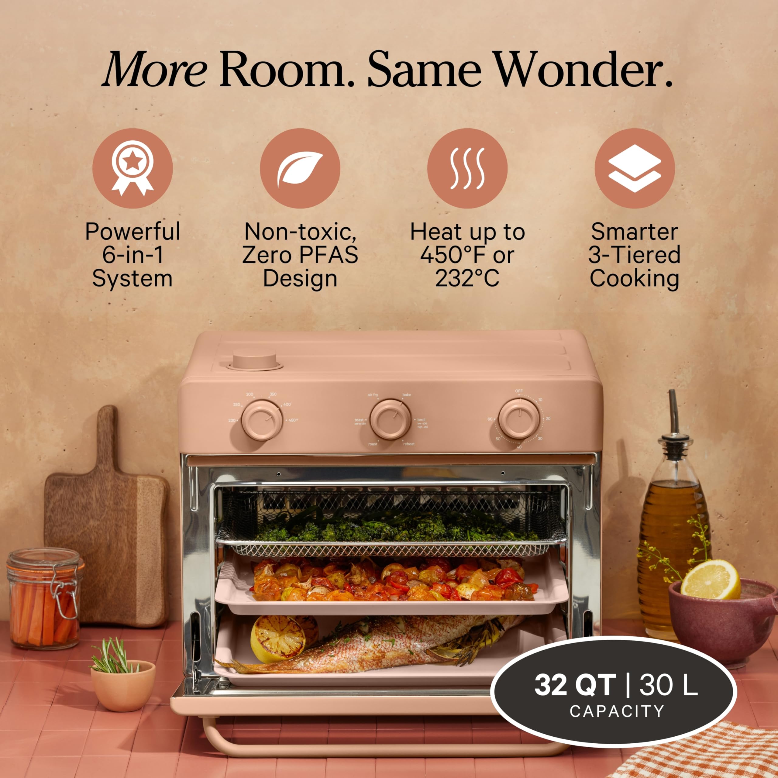 Our Place Large Wonder Oven | 6-in-1 Stainless Steel Air Fryer Toaster Oven Combo with Basket, Rack, Pan & Tray | 3-Rack, 31.7 QT, Large Capacity - Toast, Roast, Bake, Reheat, Broil & Steam | Spice