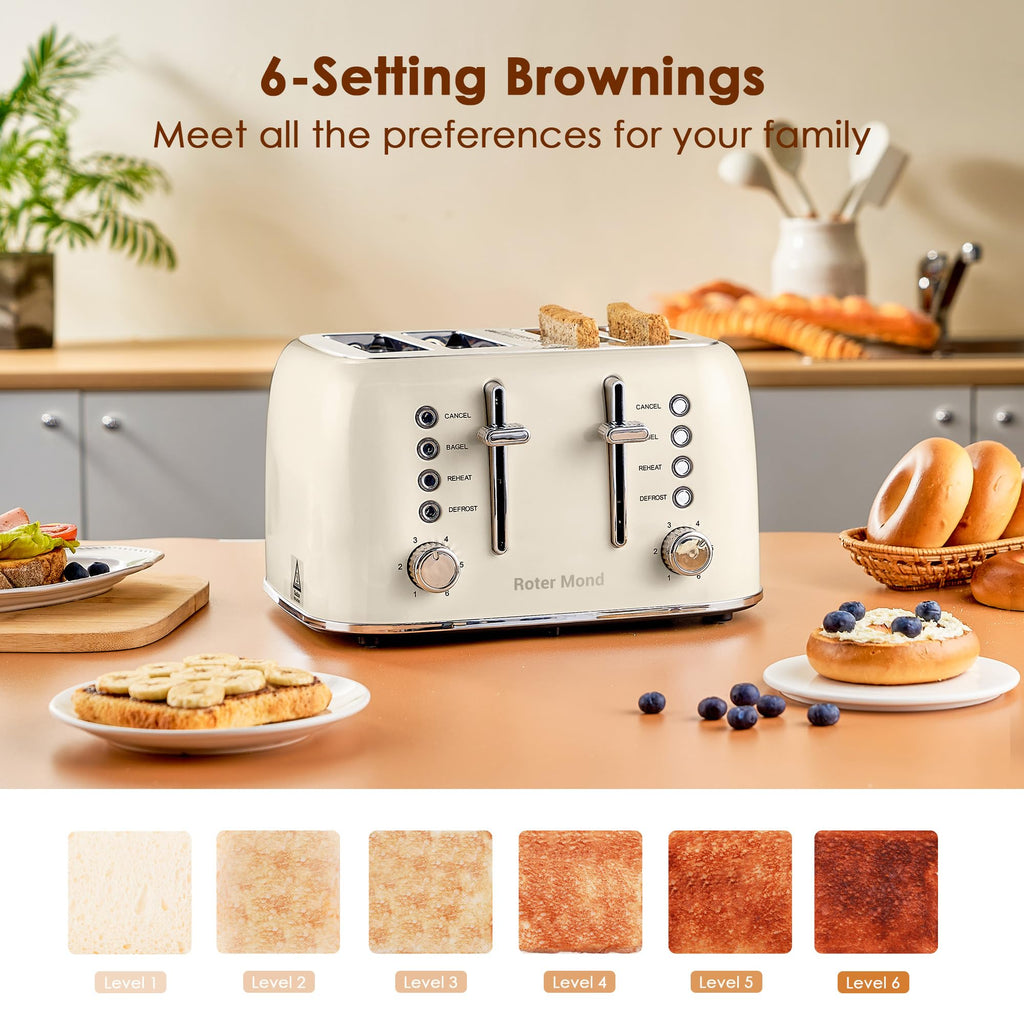 Roter Mond Toaster 4 Slice Retro Stainless Steel with Extra Wide Slots Bagel, Defrost, Reheat Function, Dual Independent Control Panel, Removable Crumb Tray, 6 Browning Levels, Cream White