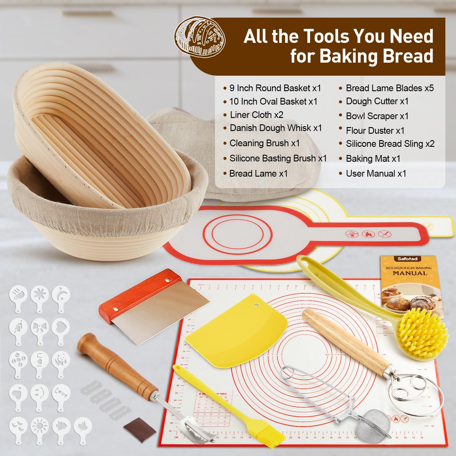 Banneton Bread Proofing Basket, Round and Oval Sourdough Starter Kit with Two Bread Slings and 27×19in Silicone Baking Mat Bread Making Tools Set, Gift for Family Lovers or Friends