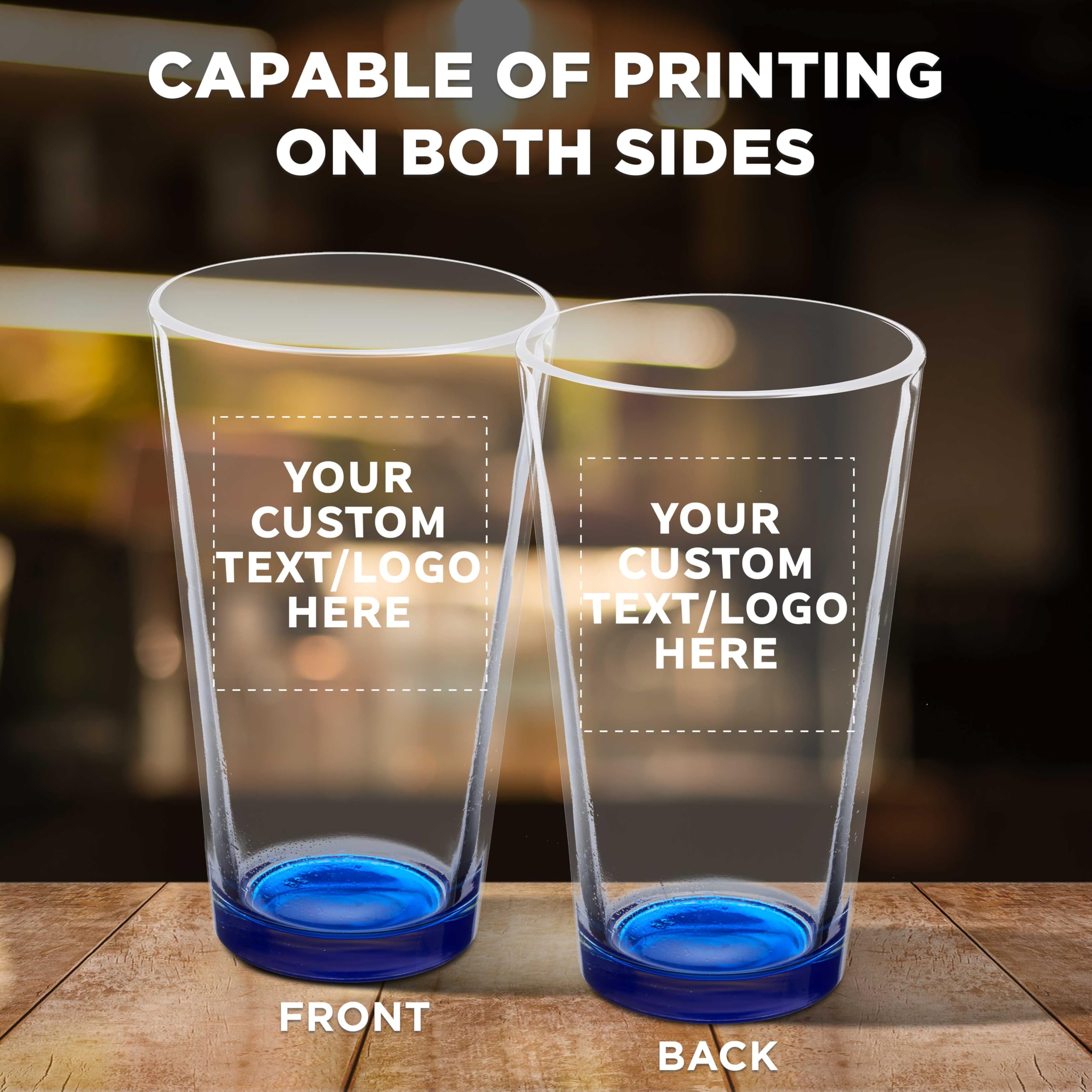 Custom Pint Glass 16 oz. Set of 100, Personalized Bulk Pack - Beer Glasses, Heavy Duty Drinkware - Blue