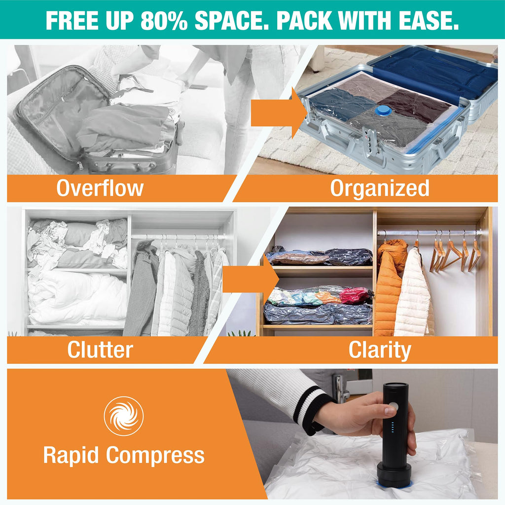 Travel Vacuum Storage Bags with Rechargeable USB Air Pump, Space Saver Vacuum Seal Bags for Luggage, Sealer Compression for Clothes, Comforters, Blankets, Bedding, 25 Combo