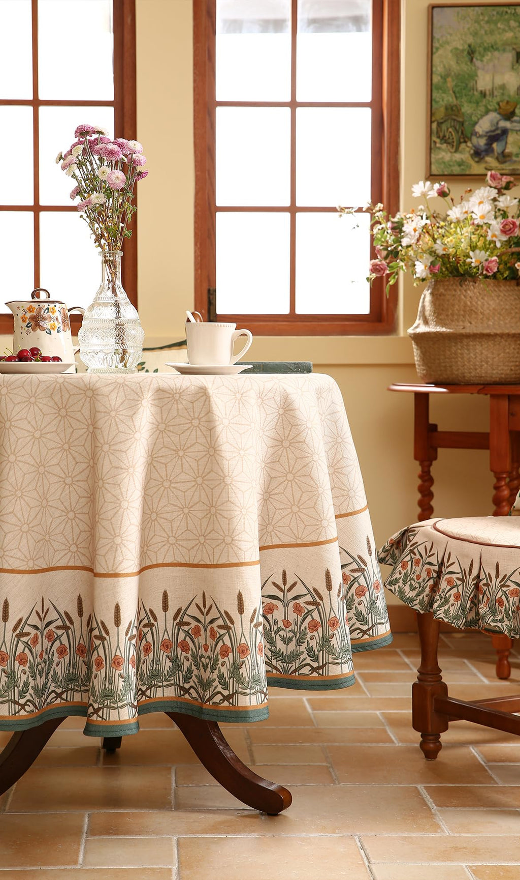 patdrea Vintage French Linen Tablecloth,Round,Diameter 55"-Cudillero