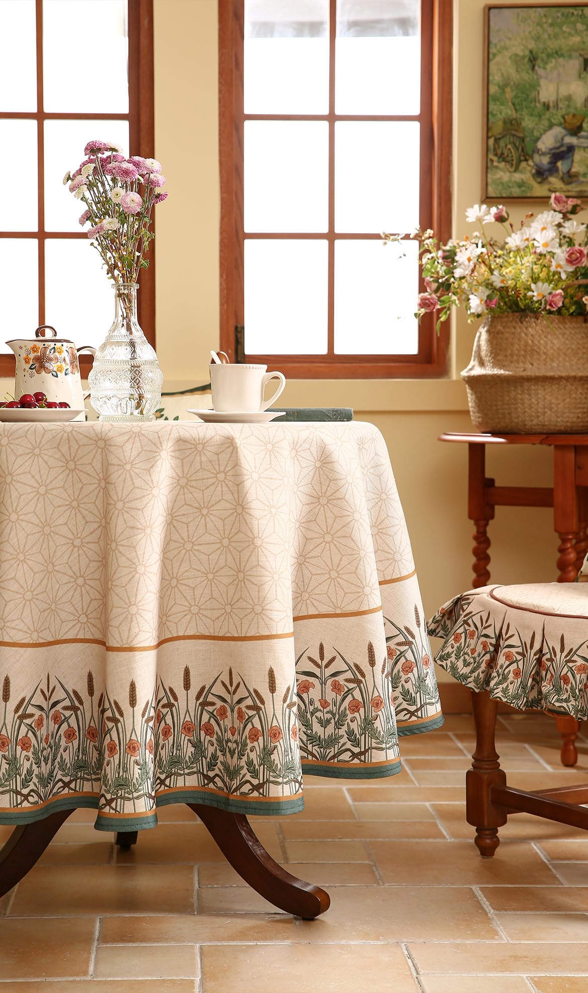 patdrea Vintage French Linen Tablecloth,Round,Diameter 55"-Cudillero