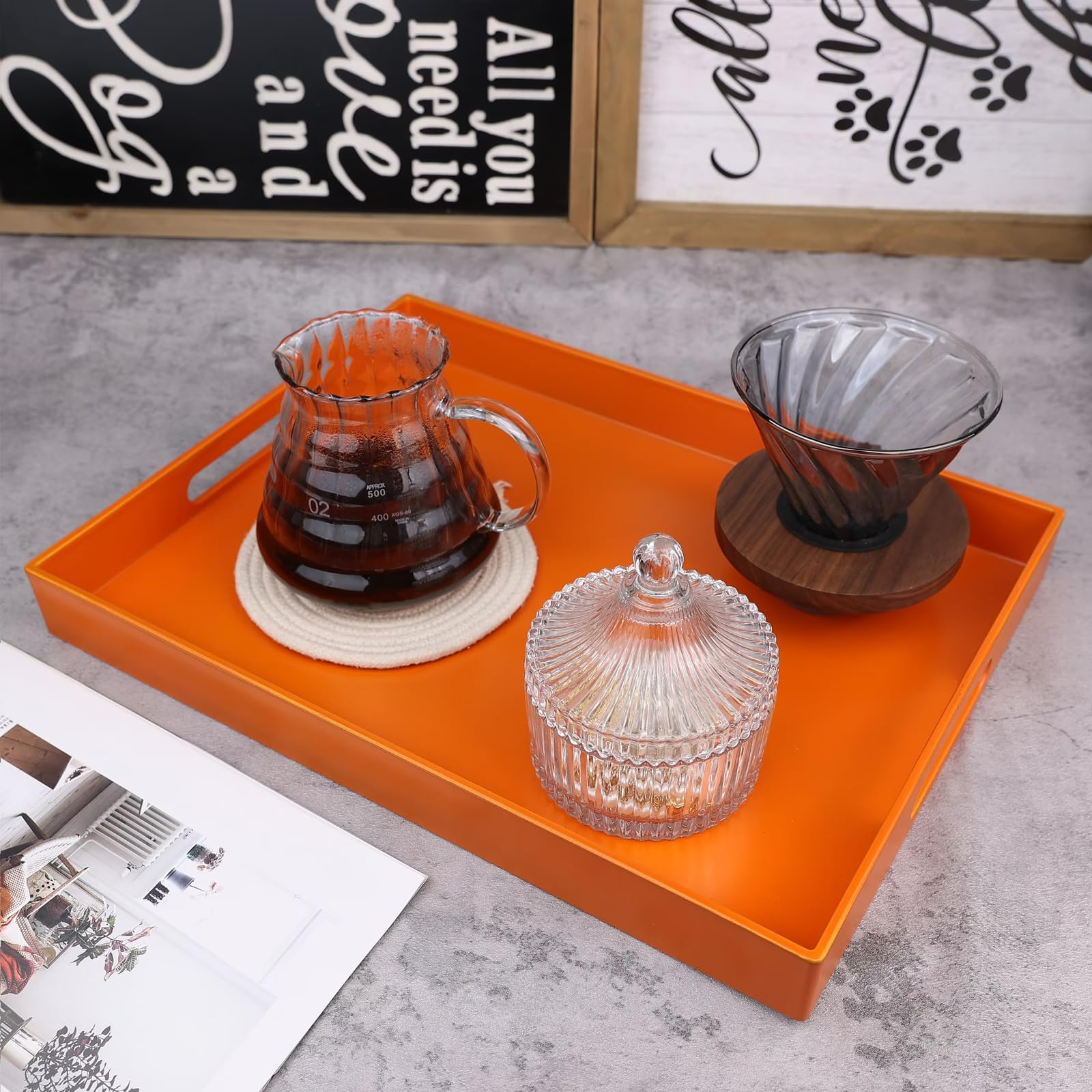 SforGUVA Ornage Serving Tray for Coffee Table, Rectangular Plastic Decorative Tray with Handles for Entertaining, Outdoor Patio, Living Room, Ottoman, Bathroom Counter, 11.8”*15.7”*1.6”