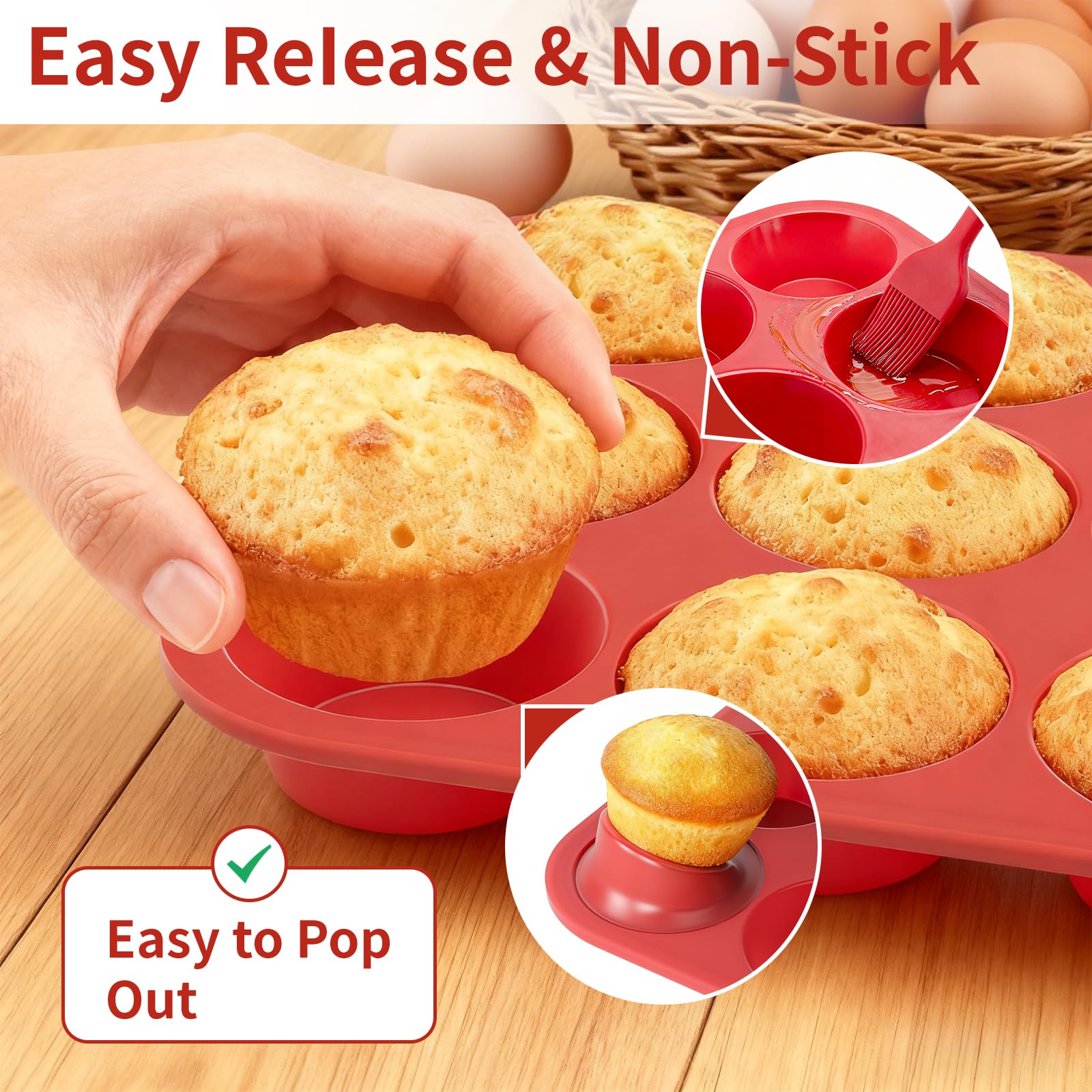 Bongpuda Silicone Muffin Pan with Metal Reinforced Frame,2 Pcs 2.9" Regular Size 12 Cups Egg Bite Mold,Non-Stick,Easy Release,For Egg Muffins, Cupcakes, Large Muffins,Cheesecakes(Orange + Red)