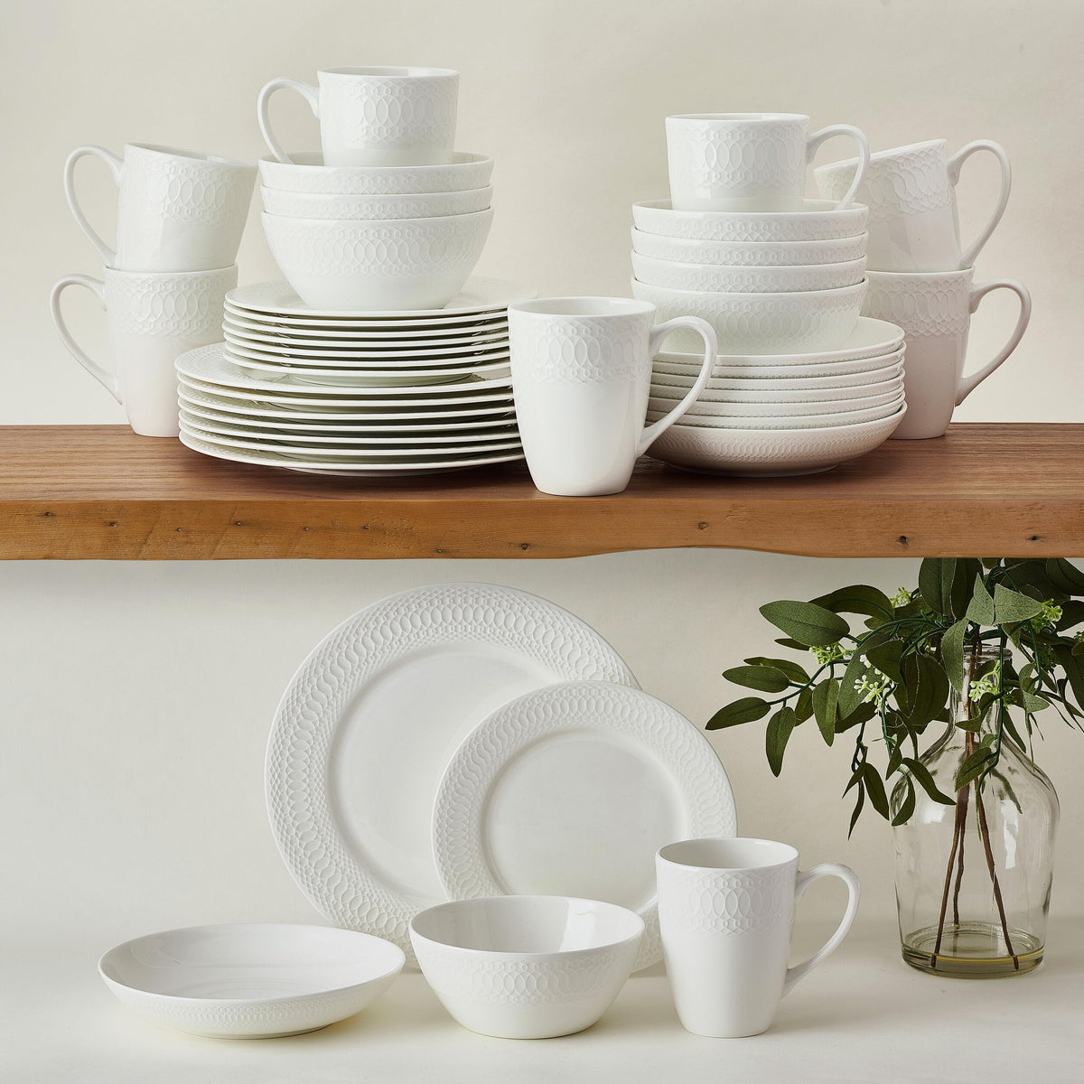 Mikasa Levi 40 Piece Bone China Dinnerware Set, Embossed Plates Bowls, Chip-Resistant, Lightweight, Elegant and Durable, Service for 8, White