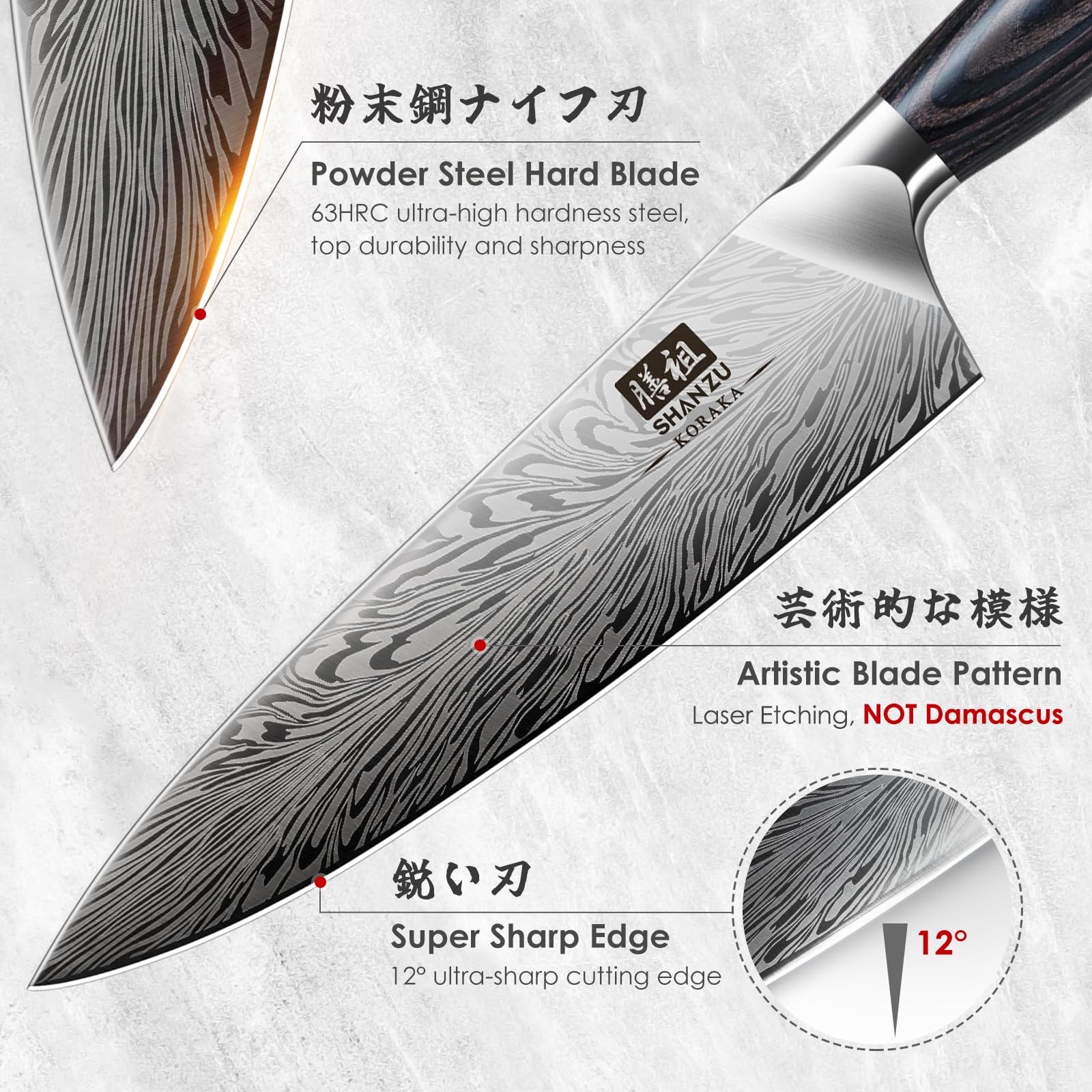 SHAN ZU Chef Knife in Powder Steel, Japanese Kitchen Knife 8 Inch, Ultra Sharp Chef's Knives, High Carbon Japanese Knives with Ergonomic Pakkawood Handle Professional Utility Knives for Meat Vegetable