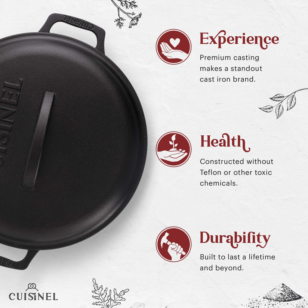 Cuisinel Cast Iron Dutch Oven - 7-Quart Deep Pot + Lid + Pan Scraper + Handle Covers - Large Pre-Seasoned Cooker for Baking Bread, Soup, Frying - Indoor/Outdoor Kitchen, Camping, Fire, BBQ Safe