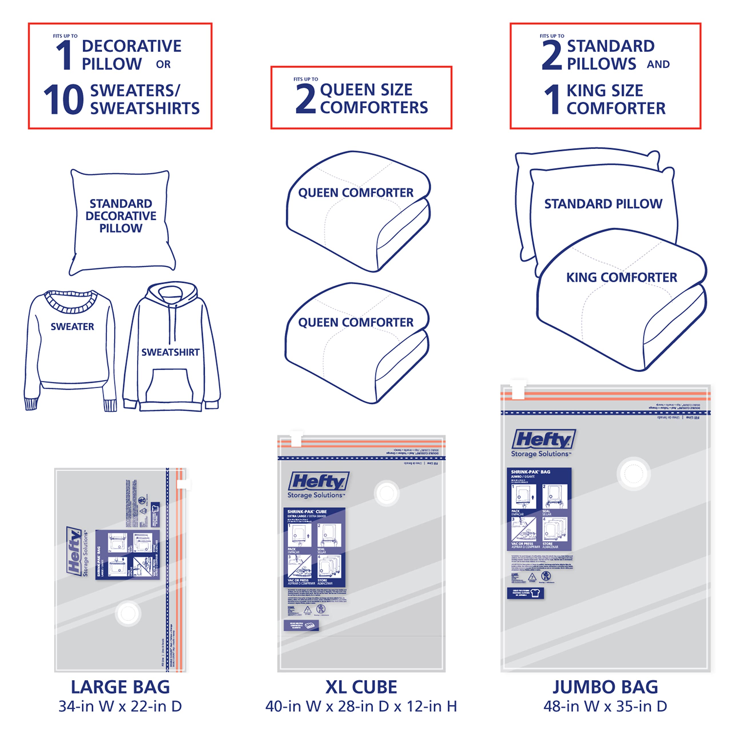 Hefty Shrink-Pak Starter Kit - 2 Large, 1 XL Cube, 1 Jumbo Vacuum Seal Storage Bag and Hand Pump – Space Saver Bags for Clothing, Pillows, Towels, or Blankets, 5 Pc Set