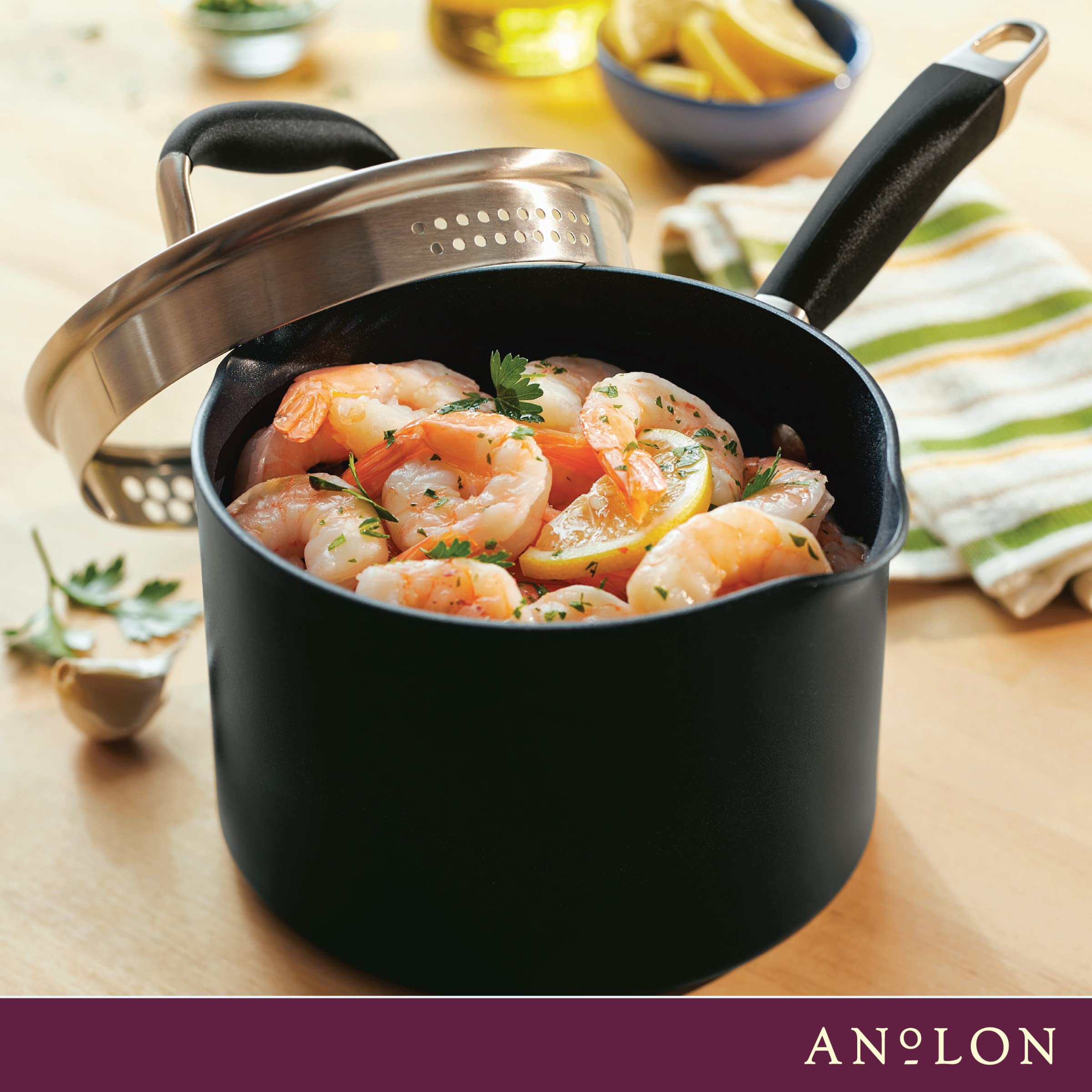 Anolon Advanced Home Hard-Anodized Nonstick Saucepan with Straining Lid, 2-Quart Small Pot, Onyx