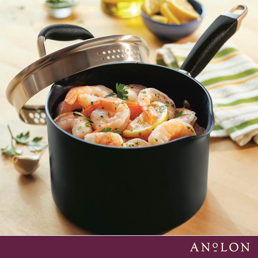 Anolon Advanced Home Hard-Anodized Nonstick Saucepan with Straining Lid, 2-Quart Small Pot, Onyx