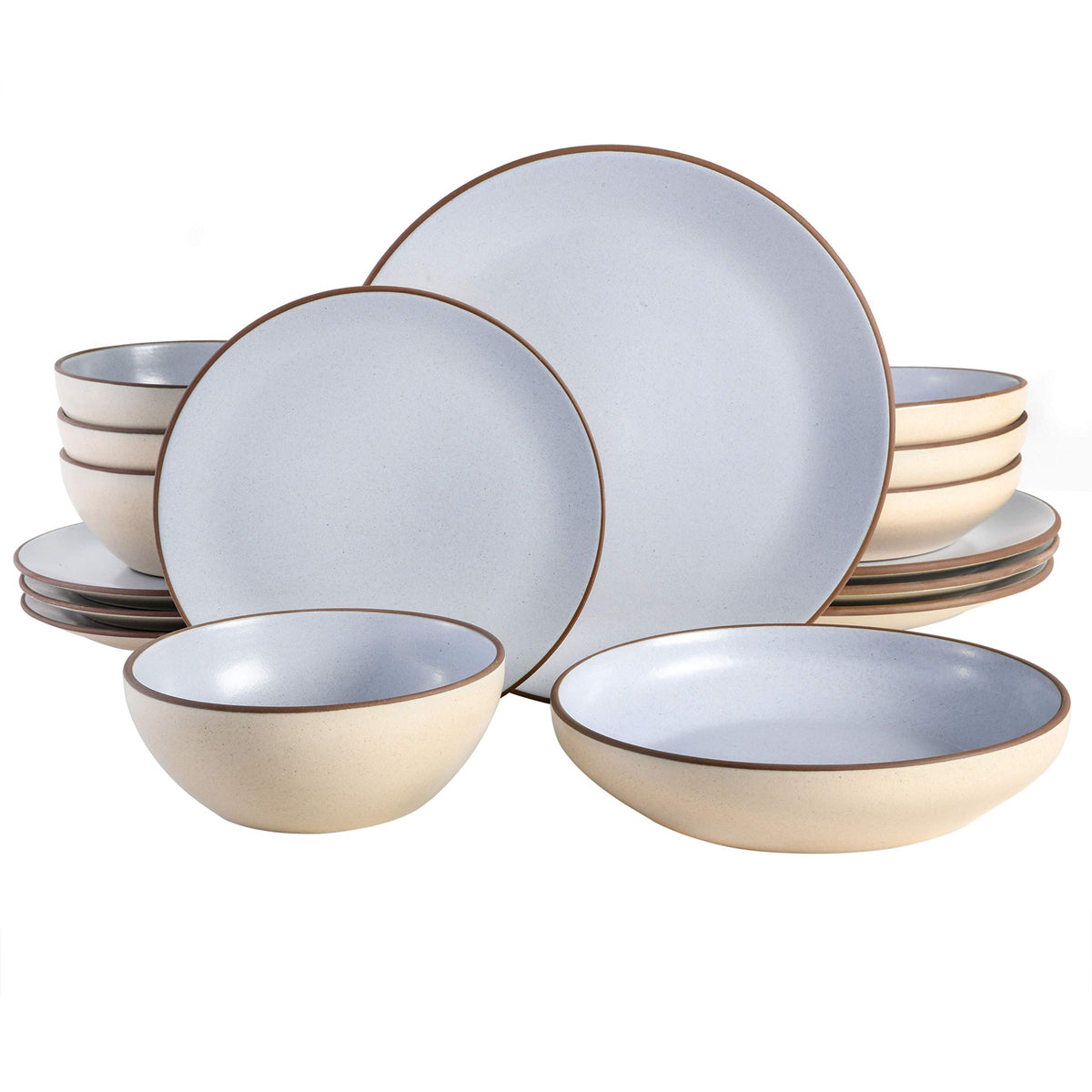 Gibson Elite Island Cove 16 Piece (Service for 4) Plates and Bowls Reactive Glaze Organic Round Dishes Stoneware Ceramic Dinnerware Set -Light Grey