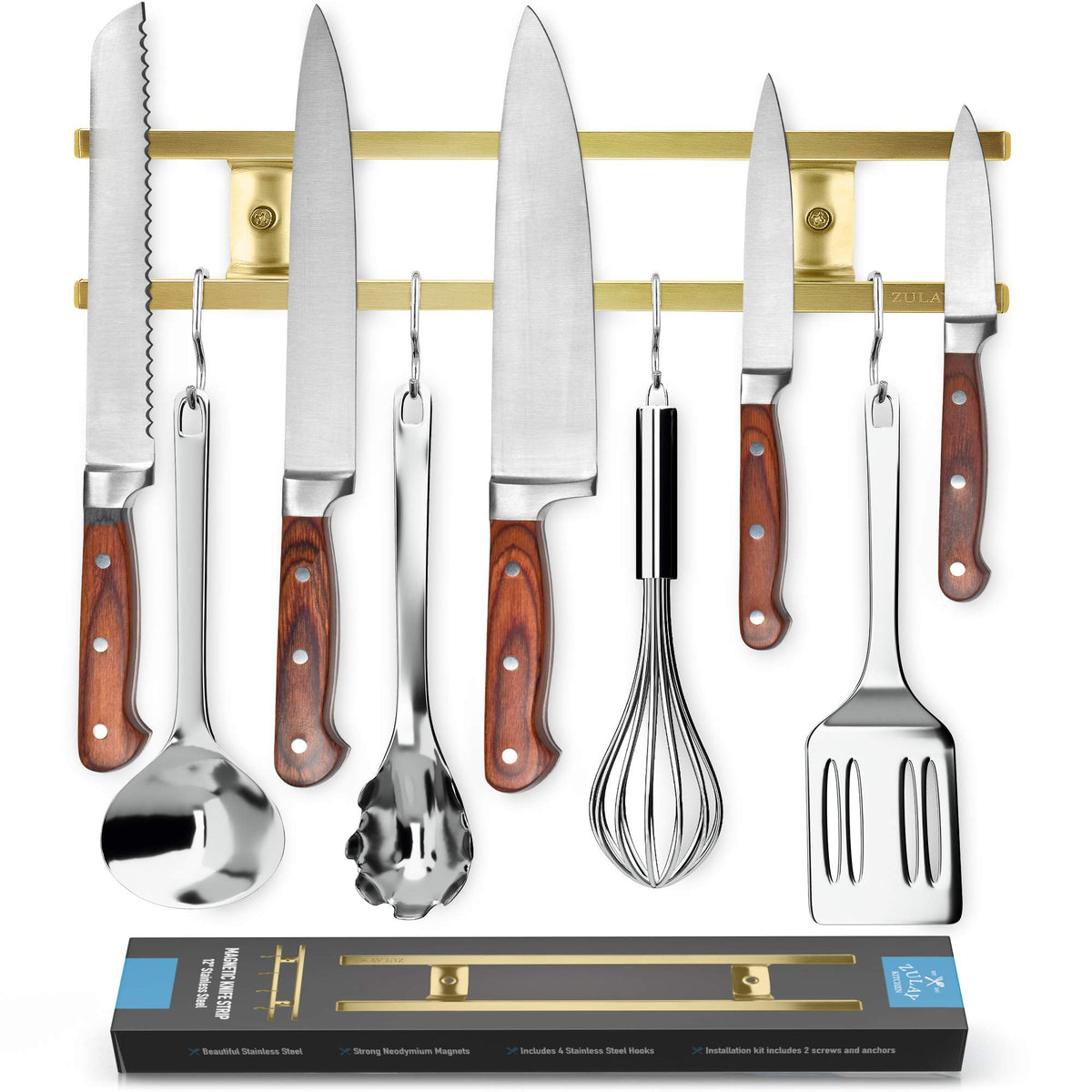 Zulay (12 Inch) Stainless Steel Magnetic Knife Holder For Wall - Powerful Knife Magnetic Strip With Extra Hanging Hooks - Wall Mount Magnetic Knife Strip & Organizer For Kitchen & Tools (Copper)