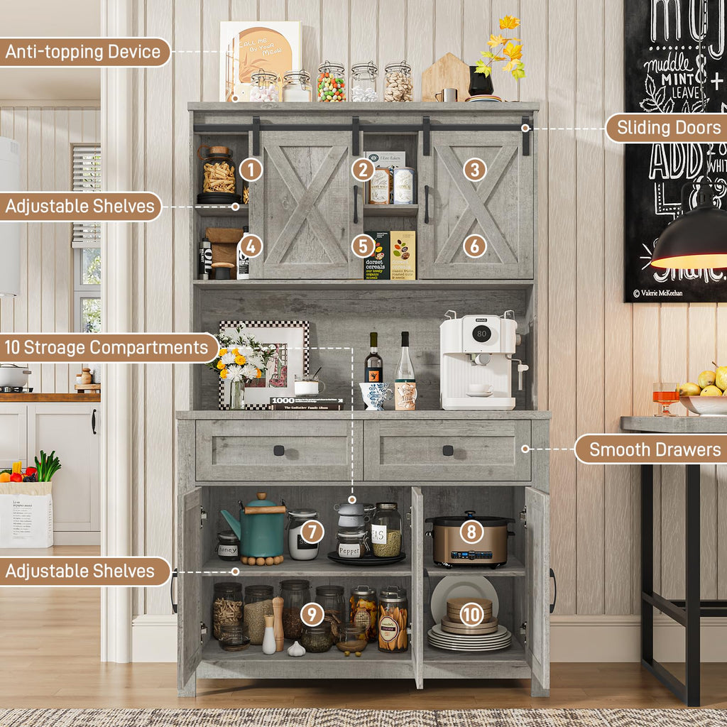 Befrases 67.7 Inch Farmhouse Pantry Storage Cabinet with Sliding Barn Doors, 2 Drawer Farmhouse Coffee Cabinet with Adjustable Shelf, Side Board with Buffet Cupboard Livingroom Kitchen, Grey