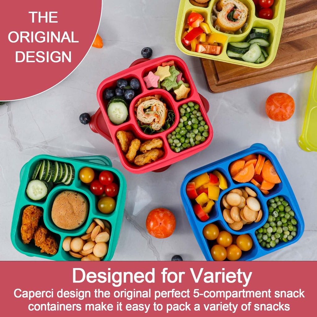 Caperci Original Bento Snack Box Containers - Reusable 5-Compartment Lunchable Food Storage Containers for School, Work and Travel, BPA-Free, Set of 4 (Jewel Bright)