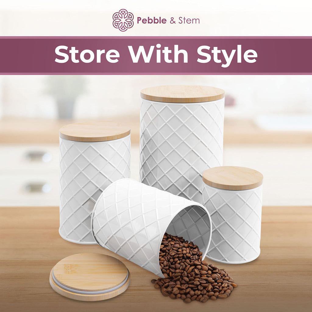 Pebble & Stem® White Metal Canister Set for the Kitchen Counter, Food Canister Set of 4, Airtight Lids, Sugar and Flour Containers for Countertops, Coffee and Tea Storage, Farmhouse Decor