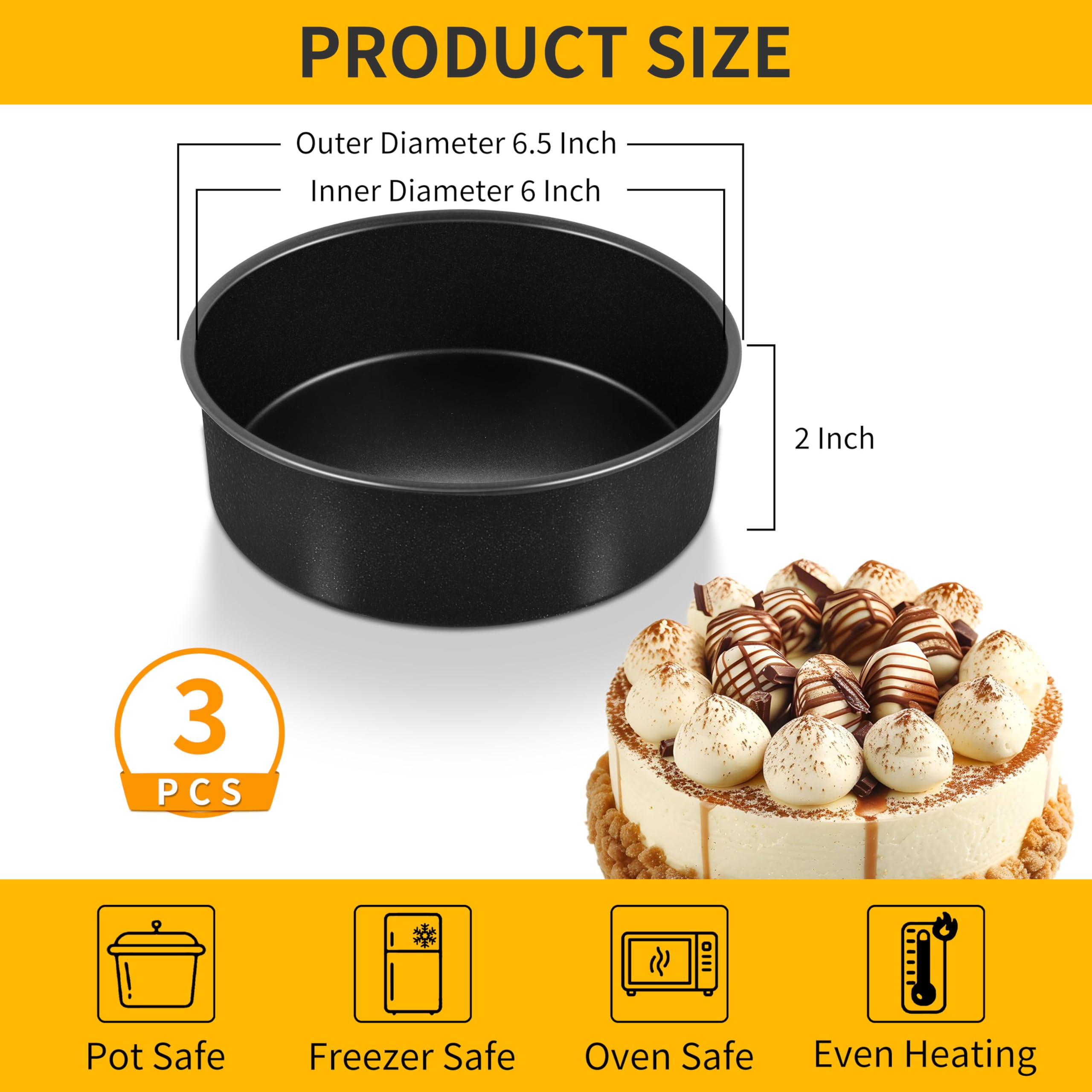 P&P CHEF 6 Inch Cake Pan Set of 3, Non-Stick Round Cake Pans
