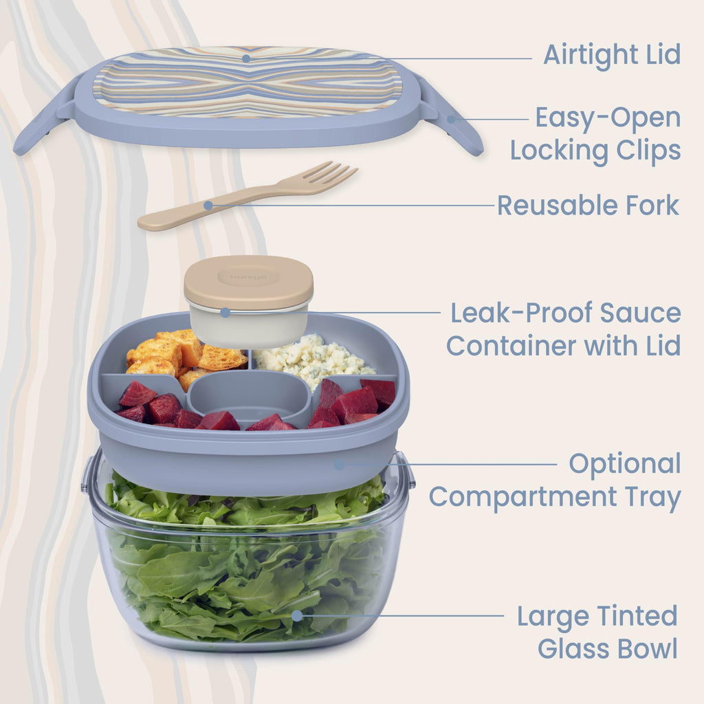 Bentgo Glass Salad Container, 7.6-Cup, 4-Compartment Tray, Reusable Fork