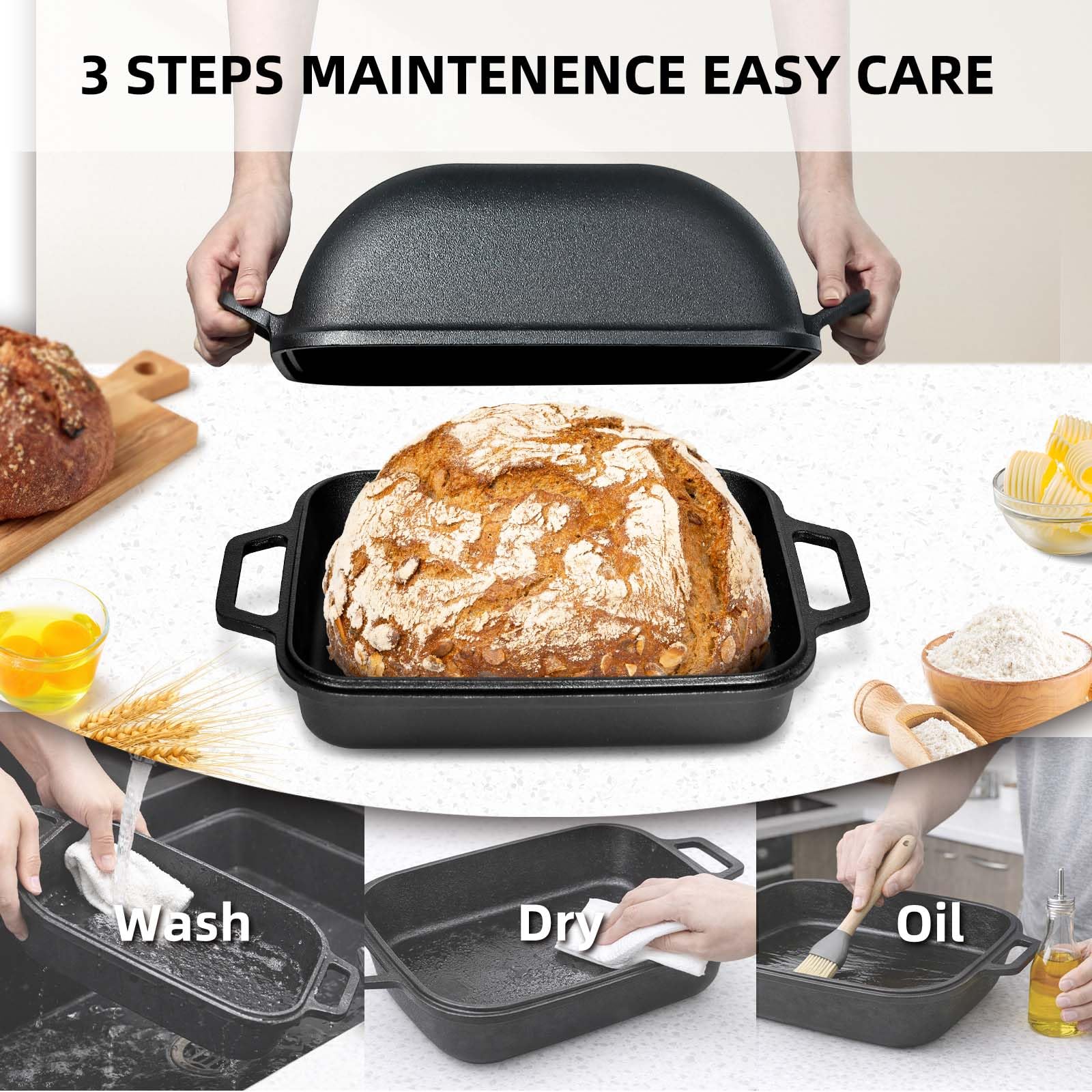 Davivy 9QT Large Dutch Oven for Sourdough Bread with Silicone Baking Mat, 12.3" x 9.2", Non-stick Cast Iron Sourdough Loaf Pan, Cast Iron Sourdough Baking Pan Large Capacity, Matte Black