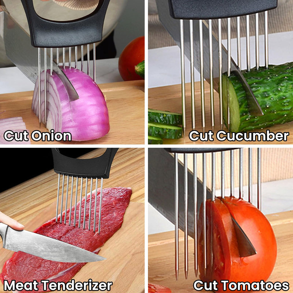 Onion Holder for Slicing, Stainless Steel Lemon Slicer Vegetable Cutter Onion Slicer Holder, Kitchen Chopper Slicing Assistant Tool for Potato Tomato Cucumber Avocados Fruits Eggs Meat
