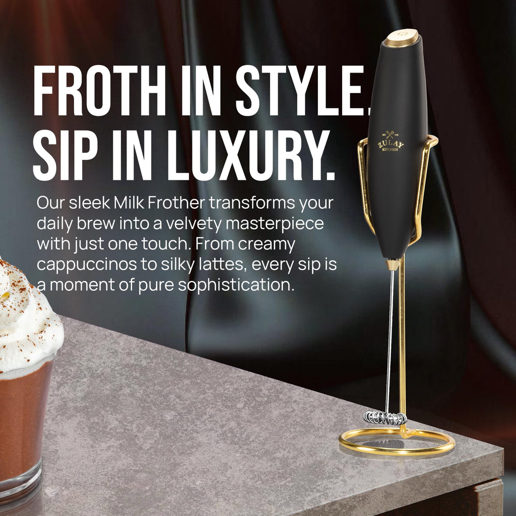 Zulay Kitchen Powerful Milk Frother Wand With Duracell Batteries - Ultra Fast Handheld Drink Mixer - Electric Whisk Foam Maker for Coffee, Lattes, Cappuccino & Matcha - Z1 Motor - Exec Black Gold